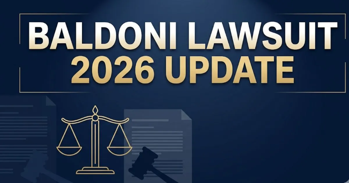 Baldoni lawsuit 2026 legal update banner with scales of justice and headline text on navy background