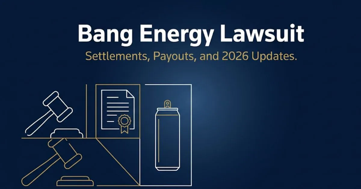 Bang Energy Lawsuit 2026 hero banner with gavel and legal document icons on navy background