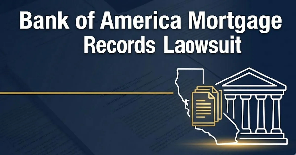 Bank of America Mortgage Records Lawsuit 2026 guide banner with courthouse silhouette and document icons on navy background