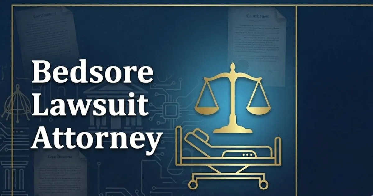 Bedsore lawsuit attorney 2026 legal guide banner with scales of justice and medical care imagery