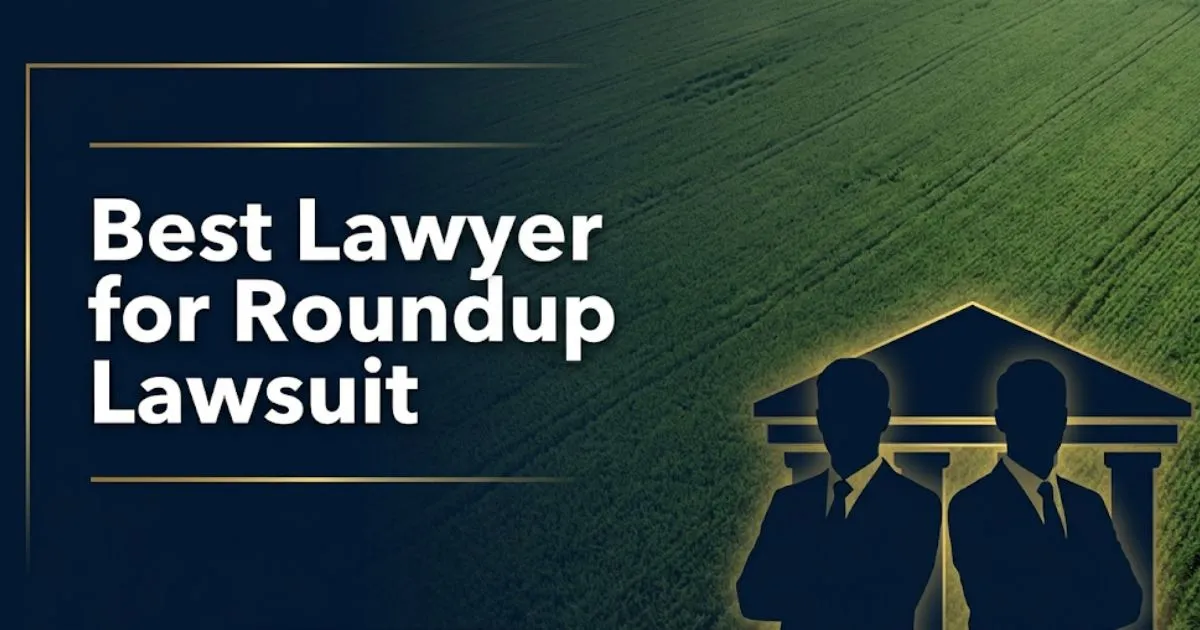 Best lawyer for Roundup lawsuit 2026 legal guide banner with courthouse silhouette and glyphosate field background