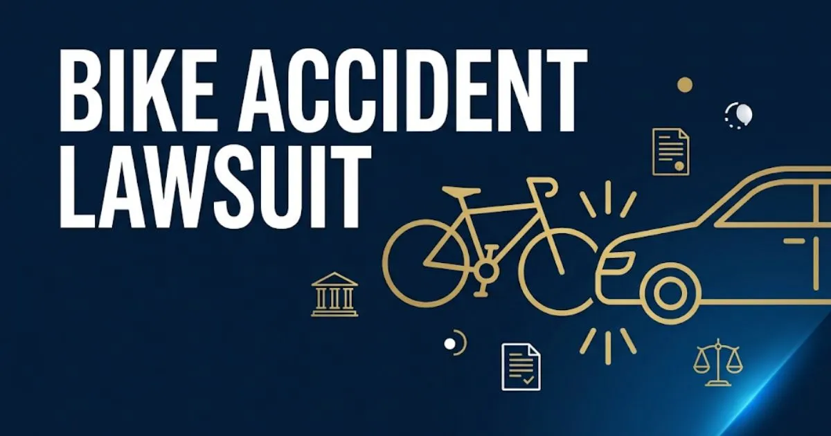 Bike accident lawsuit hero banner showing bicycle and car silhouette collision with legal symbols on navy background