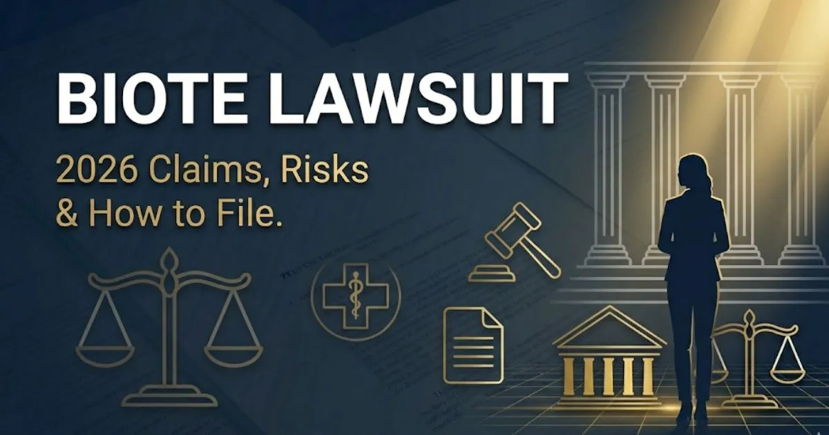 Biote lawsuit 2026 hero banner showing legal theme with courthouse silhouette and bold keyword text on navy background