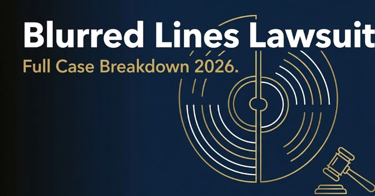Blurred Lines Lawsuit editorial banner showing split vinyl record and gavel with 2026 case breakdown headline on navy backgroundBlurred Lines Lawsuit editorial banner showing split vinyl record an