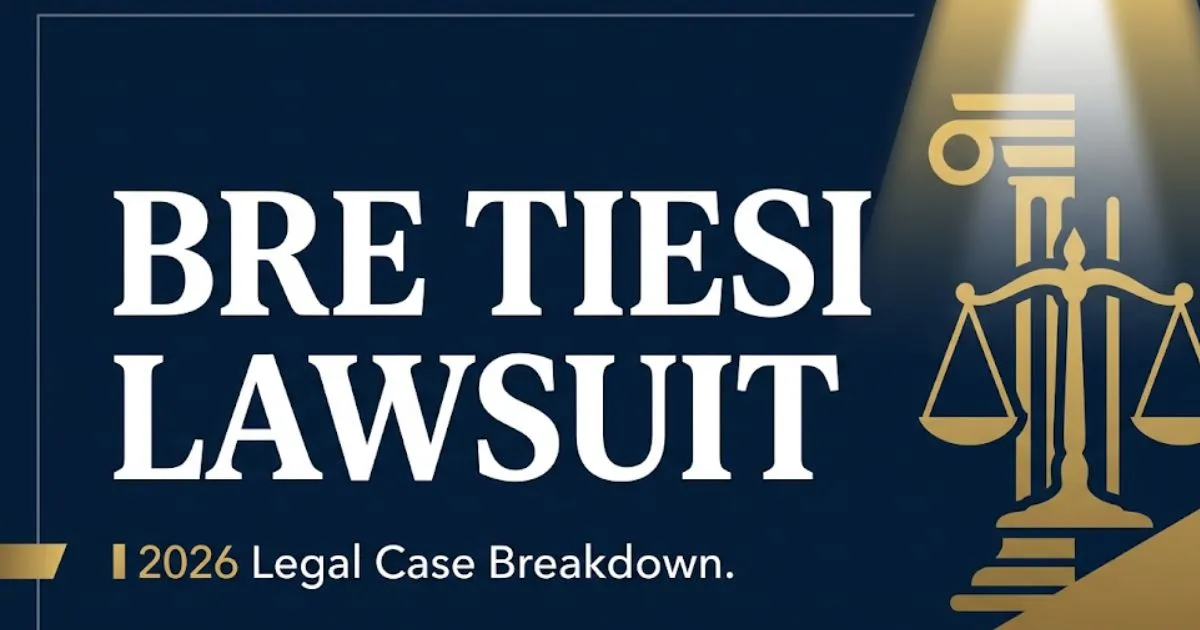Bre Tiesi lawsuit 2026 legal case breakdown banner with courthouse silhouette and gold scale of justice icon