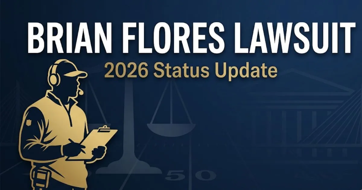 Brian Flores lawsuit 2026 update with legal scales and football coaching silhouette on professional news banner