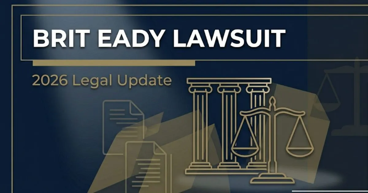 Brit Eady Lawsuit 2026 banner with courthouse silhouette, scales of justice, and navy gold legal design
