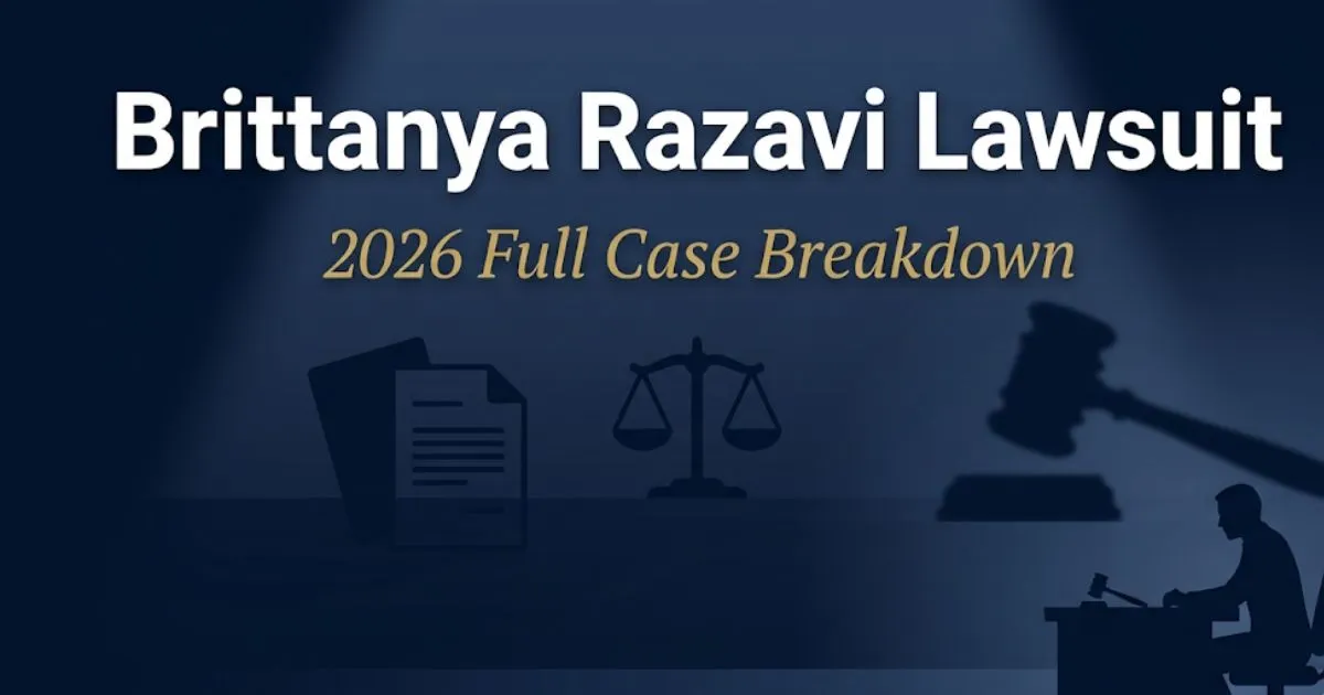 Brittanya Razavi Lawsuit 2026 legal case breakdown banner with scales of justice and courtroom design