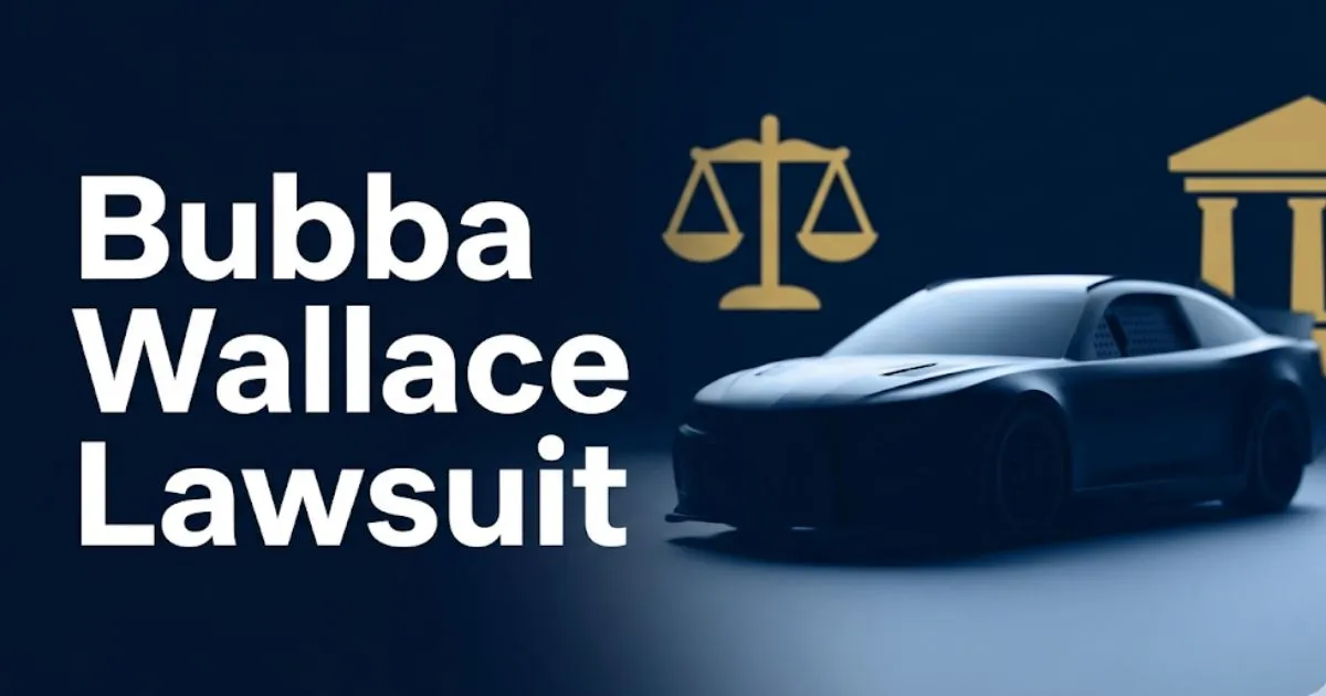 Bubba Wallace lawsuit 2026 case breakdown banner with legal scale icon and NASCAR silhouette on navy background