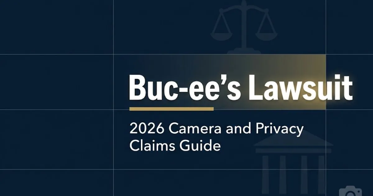 Buc-ee's lawsuit 2026 banner showing camera and privacy claims guide with legal iconography on navy background