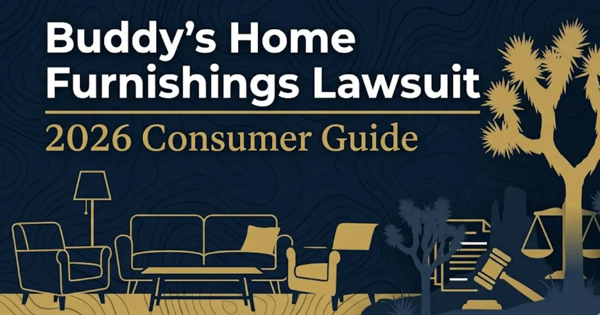 Buddy's Home Furnishings Lawsuit 2026 consumer guide banner with legal symbols and furniture silhouette