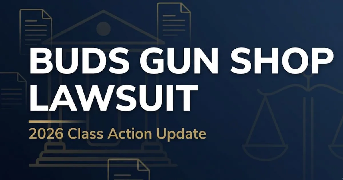 Buds Gun Shop Lawsuit 2026 class action update banner with legal icons and courthouse silhouette on navy background
