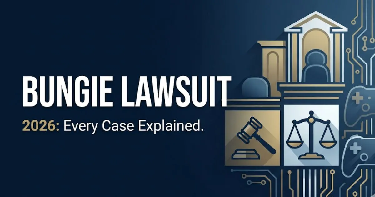 Bungie Lawsuit 2026 blog banner with legal scales and gavel icon on a navy blue background.