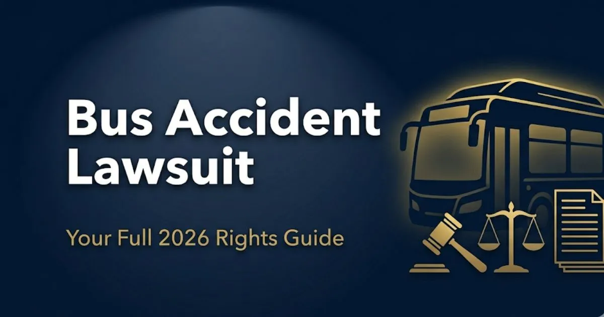 Bus accident lawsuit 2026 rights guide banner with legal symbols, gavel, and city bus silhouette on navy background
