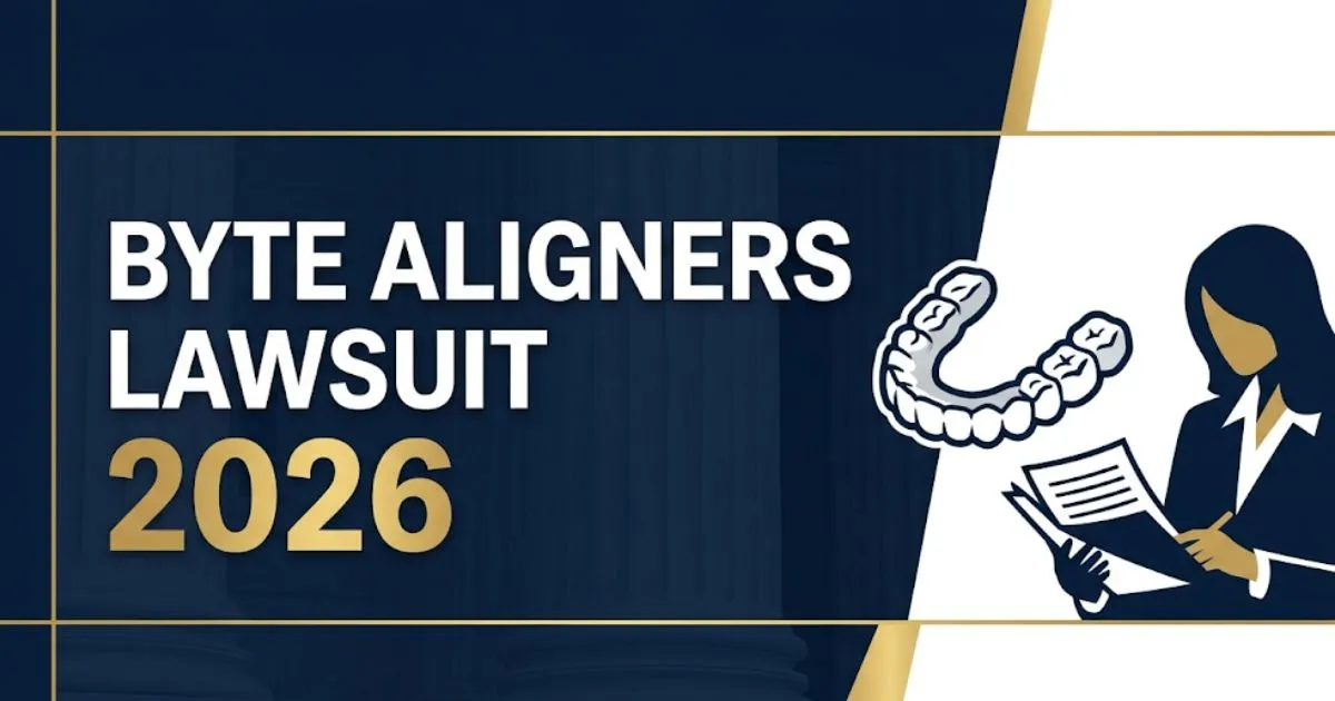 Byte aligners lawsuit 2026 legal banner with dental aligner icon and courthouse background in navy and gold