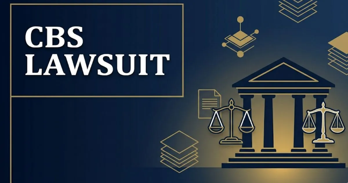 CBS lawsuit 2026 legal banner showing courthouse silhouette and bold headline text on navy background