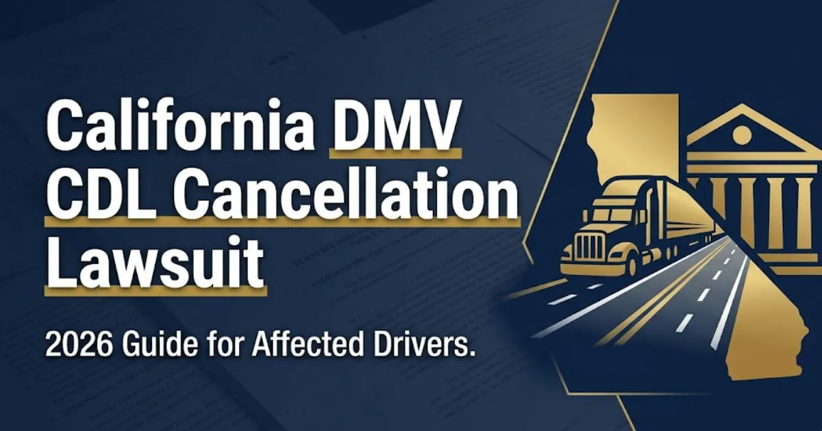 California DMV CDL cancellation lawsuit 2026 guide banner with truck silhouette and courthouse icon on navy background