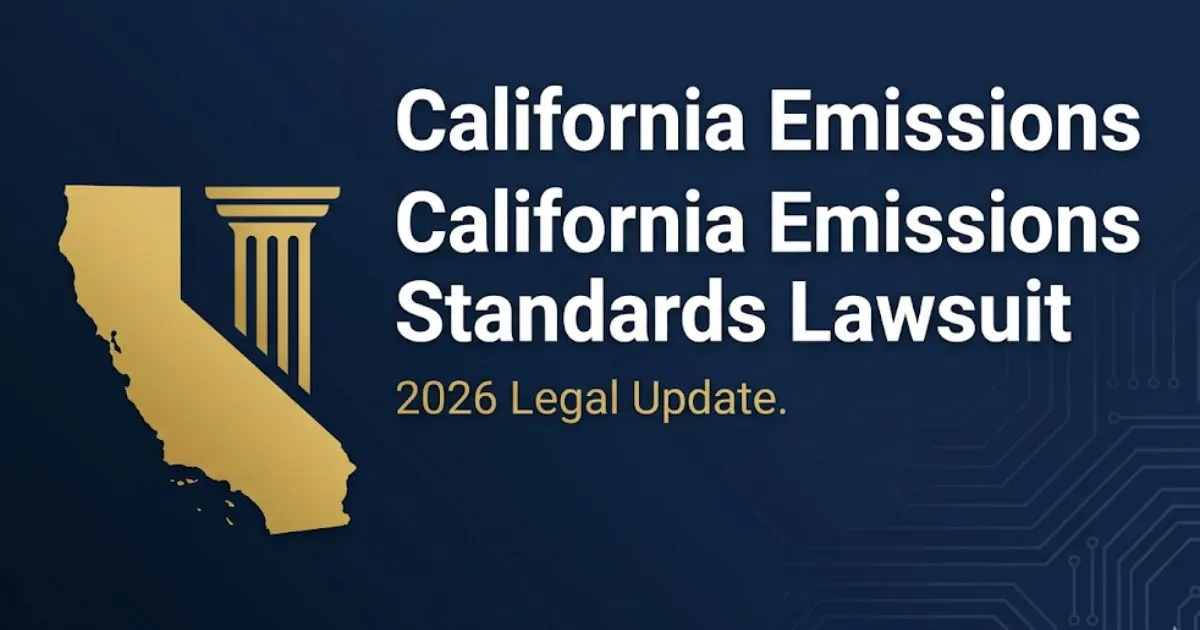 California emissions standards lawsuit 2026 legal update banner with state silhouette and courthouse icon