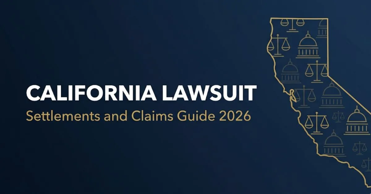 California lawsuit settlements and claims guide 2026 banner with state outline and legal scale icons on navy background INPUT MAIN KEYWORD {{california lawsuit}} CLUSTER KEYWORDS {{paste clu