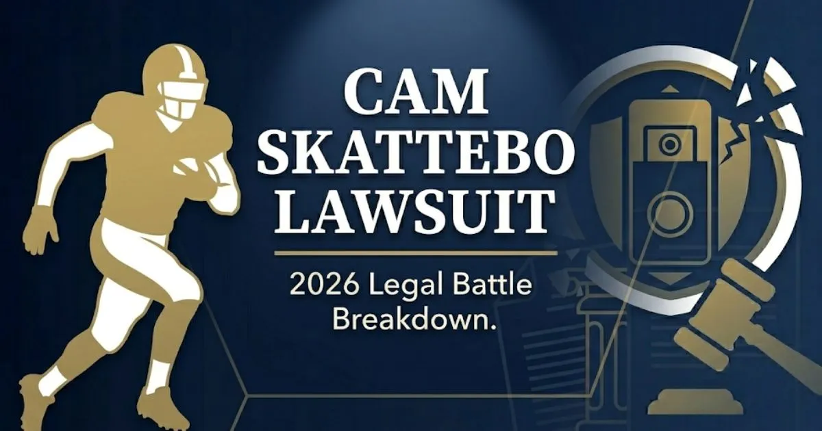 Cam Skattebo lawsuit 2026 legal battle breakdown banner with football silhouette and legal symbols on navy background