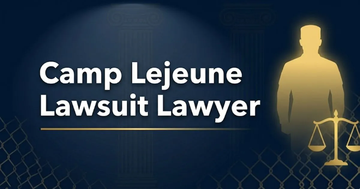 Camp Lejeune lawsuit lawyer editorial banner with legal scale icon and military silhouette on navy background
