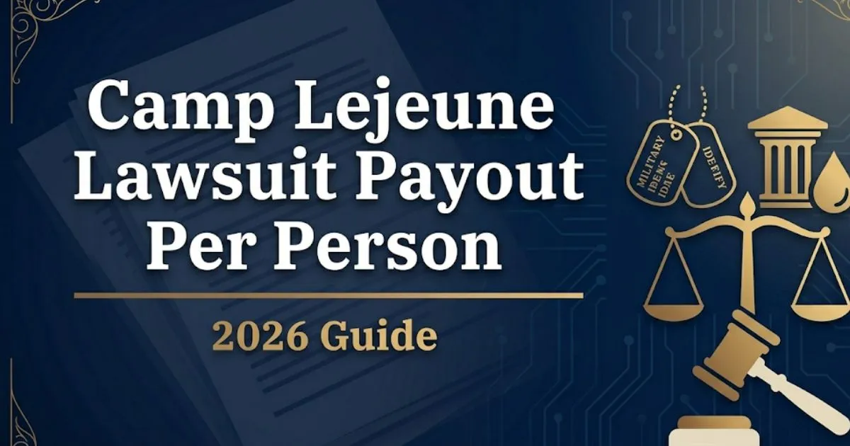 Camp Lejeune lawsuit payout per person 2026 guide banner with legal icons and navy background