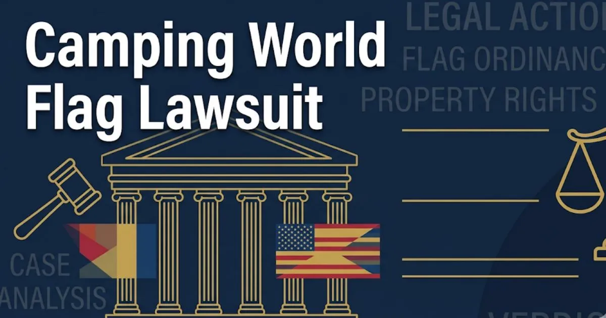 Camping world flag lawsuit 2026 legal update banner with courthouse silhouette and American flag graphic