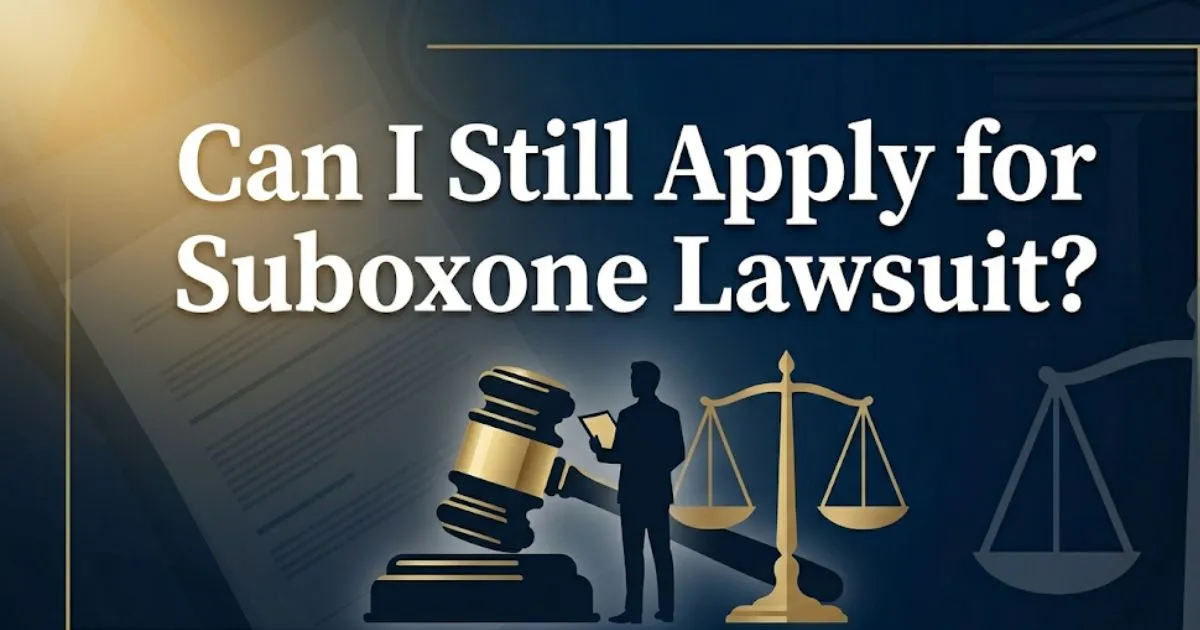 Can I still apply for Suboxone lawsuit banner with legal symbols and navy gold design