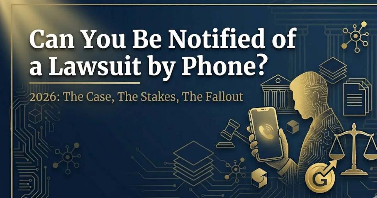 Can you be notified of a lawsuit by phone, illustrated with legal symbols, a silhouette, and phone icon on navy background