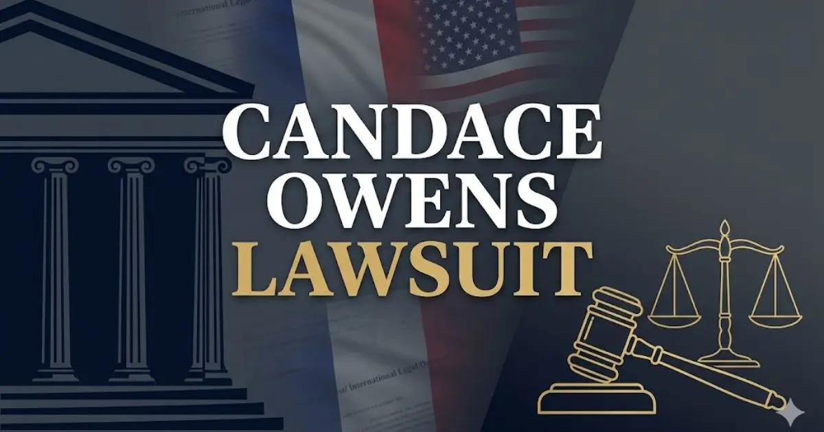Candace Owens lawsuit legal case banner showing French and American court symbols with case title headline