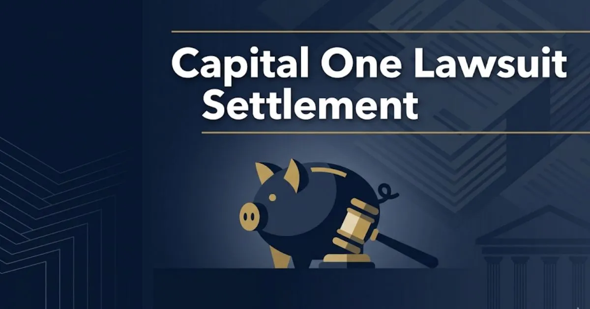 Capital One lawsuit settlement 2026 legal banner with gavel and savings bank illustration