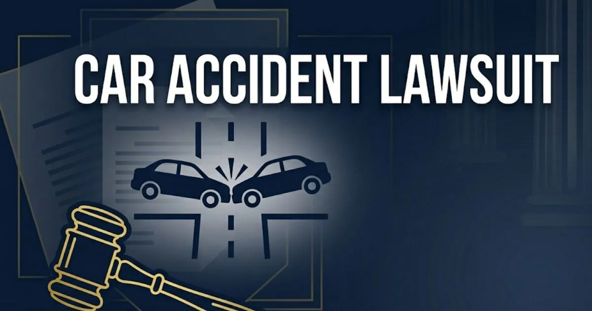 Car accident lawsuit guide showing collision silhouette and courthouse legal imagery