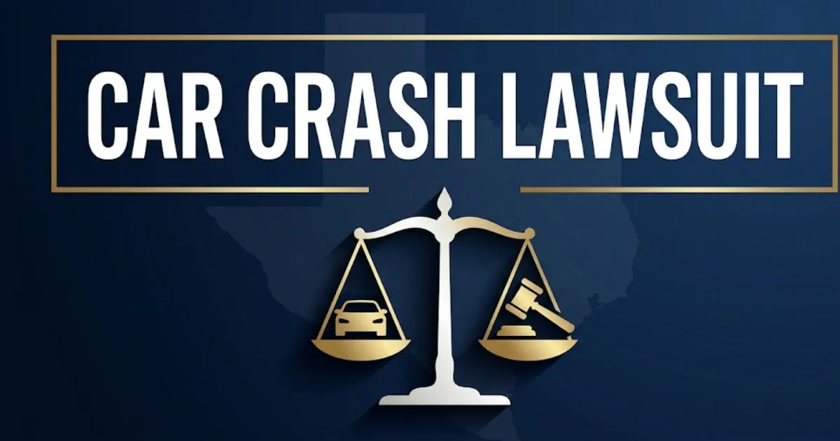 Car crash lawsuit guide banner with legal scales and gavel icons for Texas cases