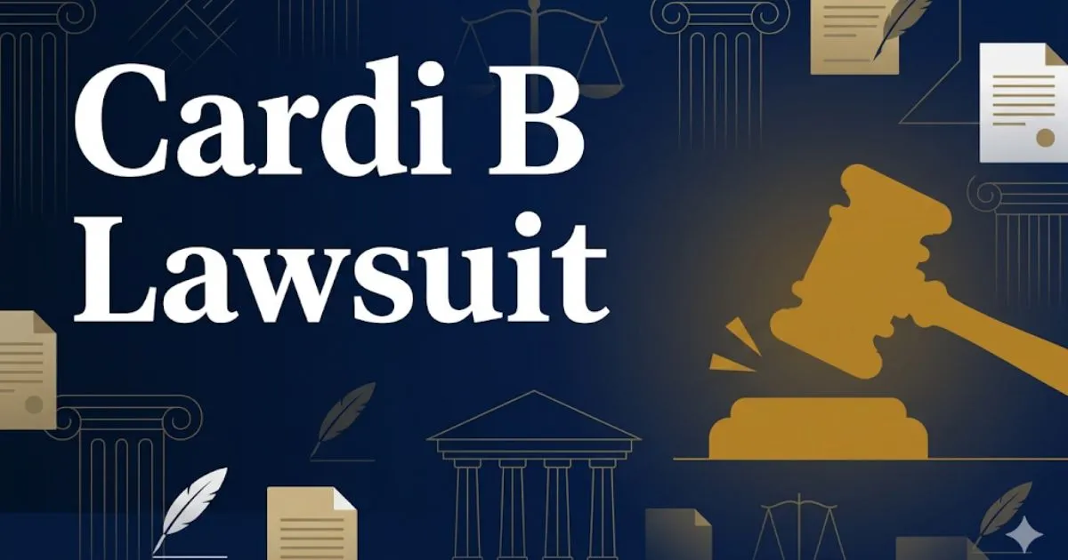 Cardi B lawsuit 2026 update banner with gavel and legal symbols on navy background