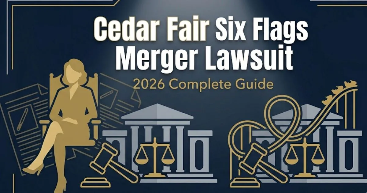 Cedar Fair Six Flags merger lawsuit 2026 guide banner with legal symbols and roller coaster silhouette on navy background