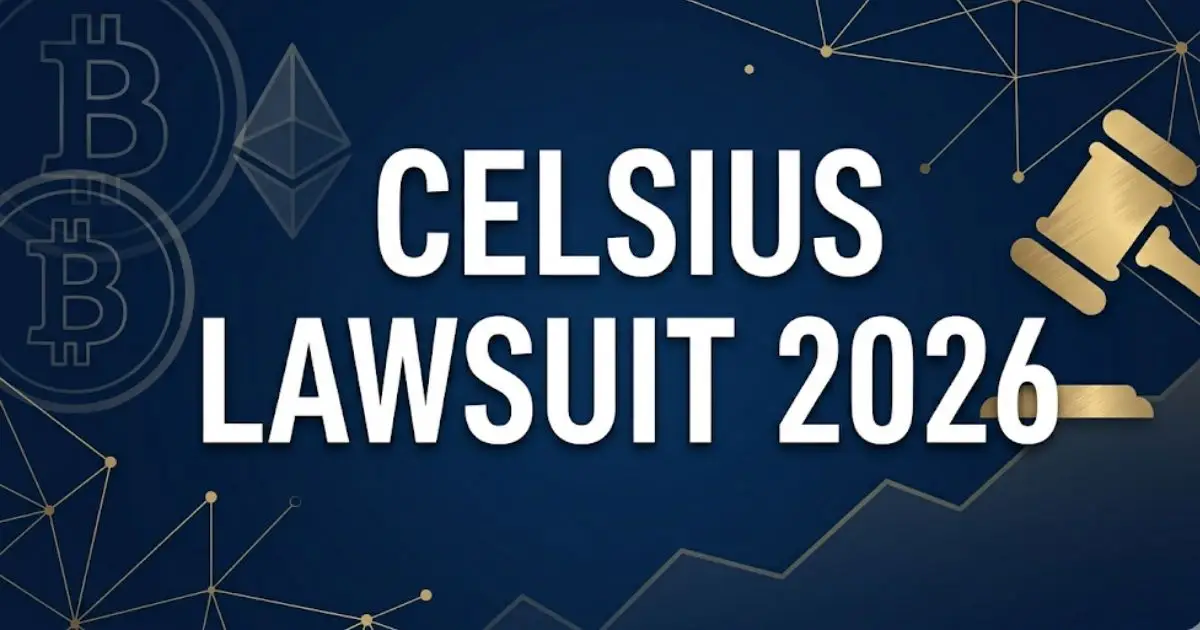 Celsius lawsuit 2026 settlement update with cryptocurrency symbols and legal gavel on navy background