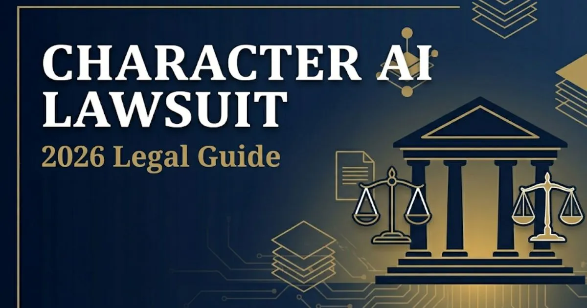 Character AI lawsuit 2026 legal guide banner with scales of justice and AI circuit design on navy background
