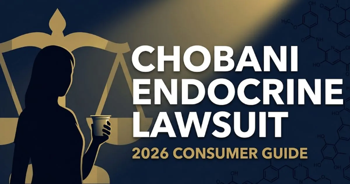 Chobani endocrine lawsuit 2026 hero banner with legal scales and consumer silhouette on navy background