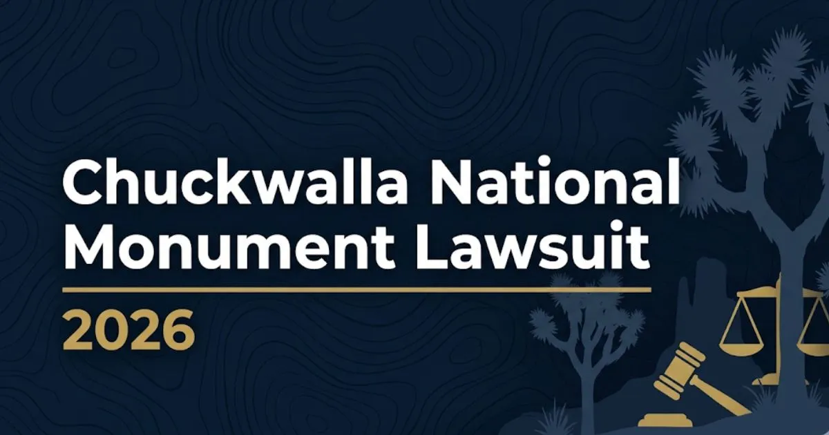 Chuckwalla National Monument Lawsuit 2026 banner with desert silhouette and legal gavel on navy background