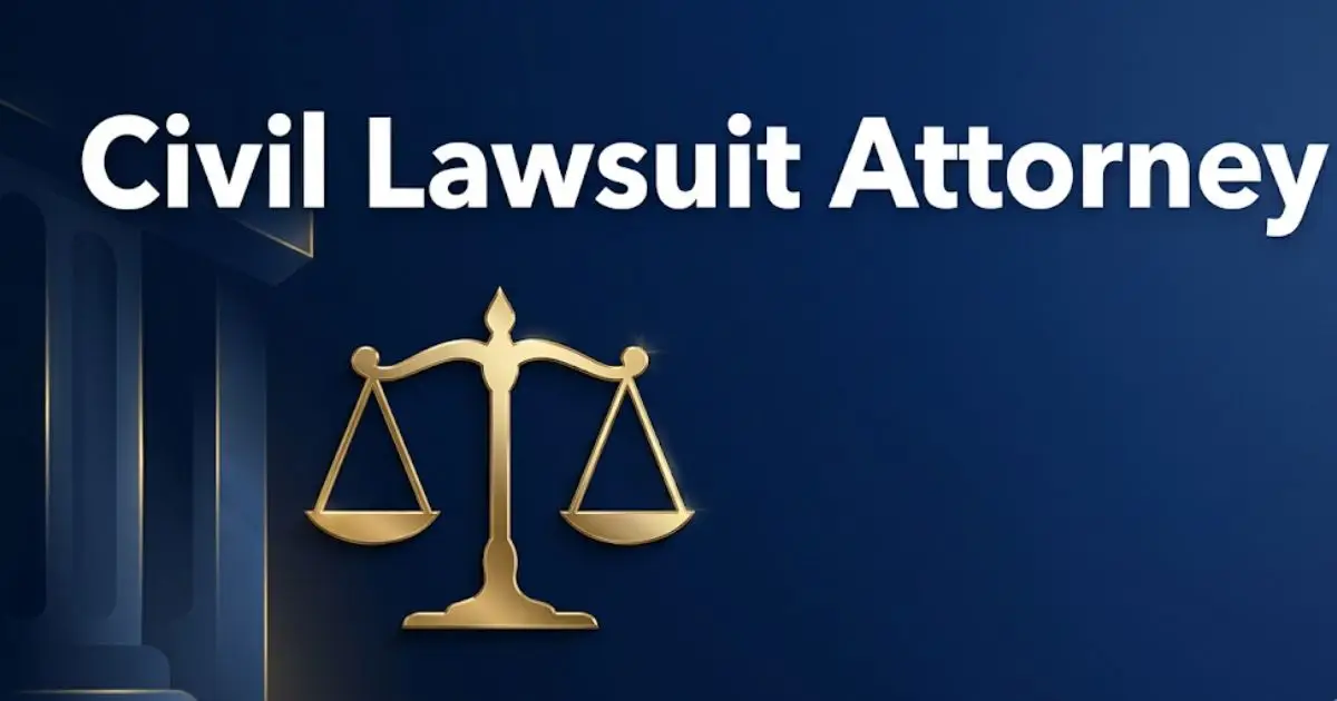 Civil lawsuit attorney banner with scales of justice on navy background