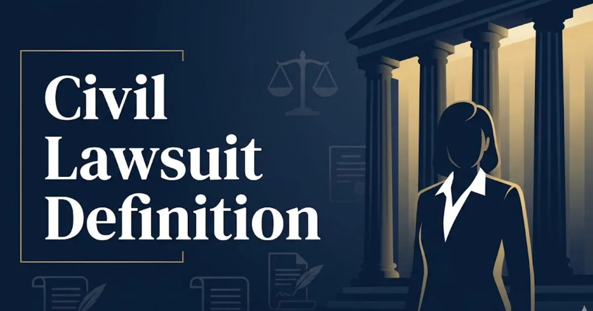 Civil lawsuit definition hero banner with courthouse silhouette and scales of justice on deep navy background