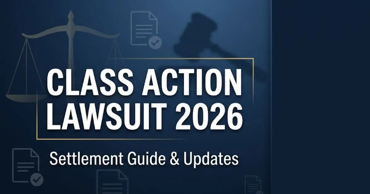 Class action lawsuit 2026 settlement guide with legal scales and gavel imagery on professional navy blue background