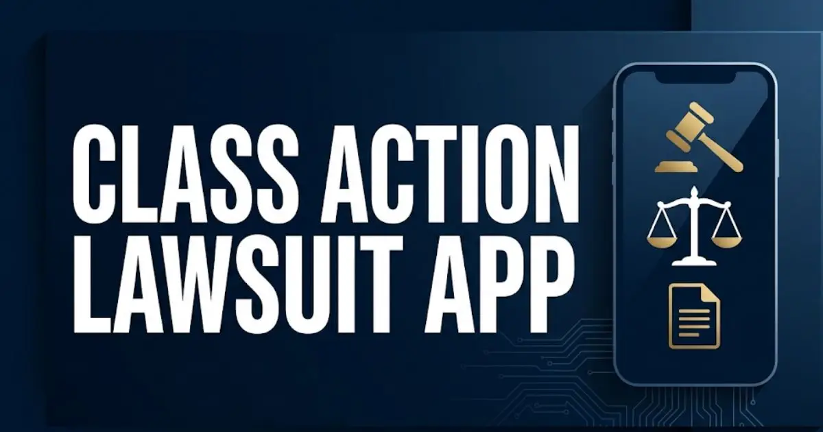 Class action lawsuit app guide with smartphone showing legal icons and settlement tracking features