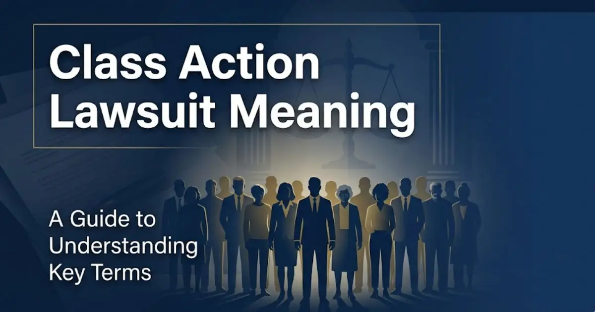 Class action lawsuit meaning explained with legal symbols and unified silhouette figures on navy background