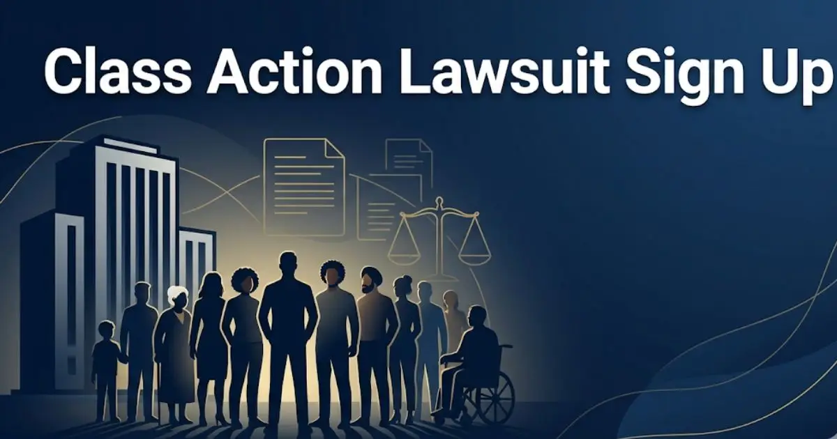 Class action lawsuit sign up guide banner with legal icons and group silhouette in navy and gold
