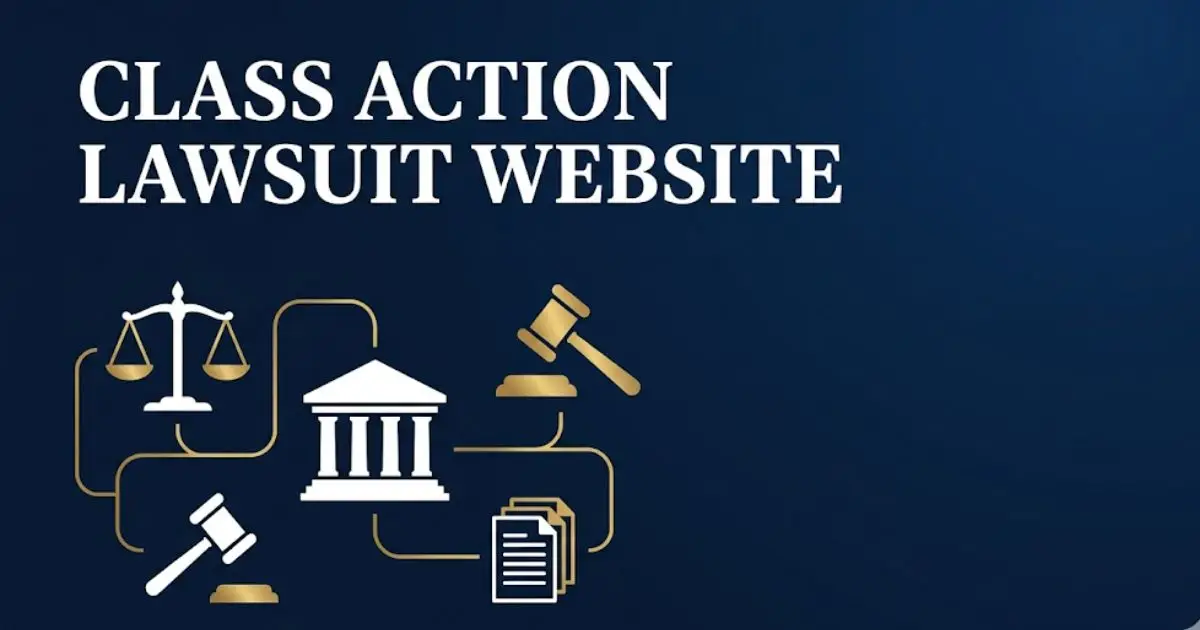 Class action lawsuit website guide banner with legal scales and courthouse icons on navy blue background
