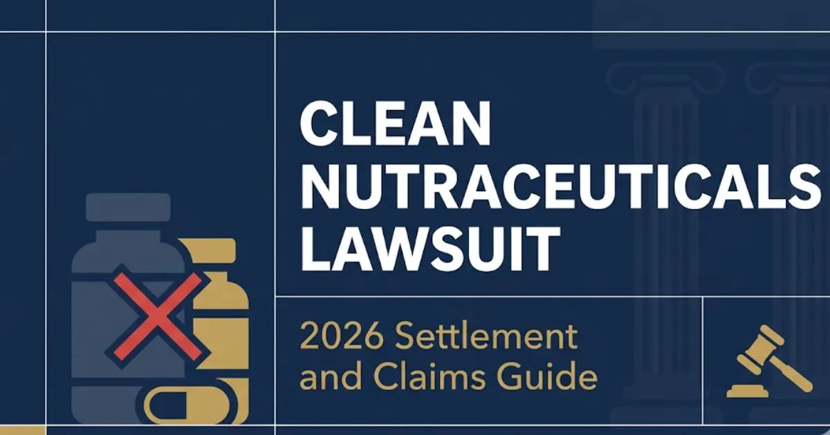 Clean Nutraceuticals Lawsuit 2026 hero banner with bold title text, supplement bottles, and legal gavel icon