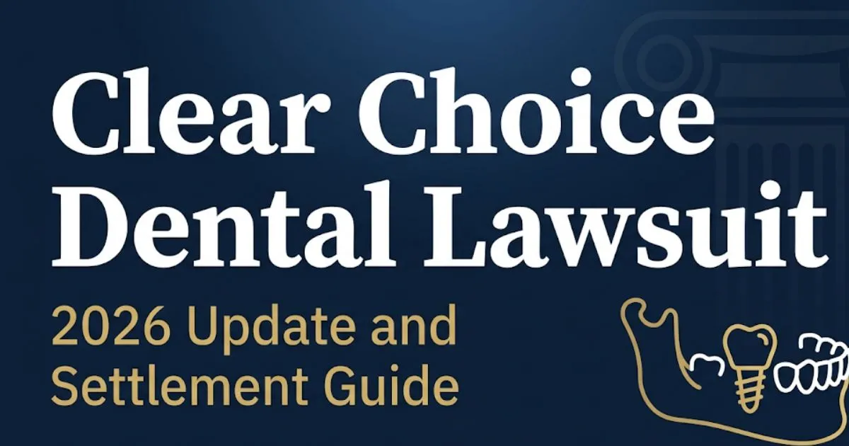 Clear choice dental lawsuit 2026 update and settlement guide hero banner with legal implant icon on navy background