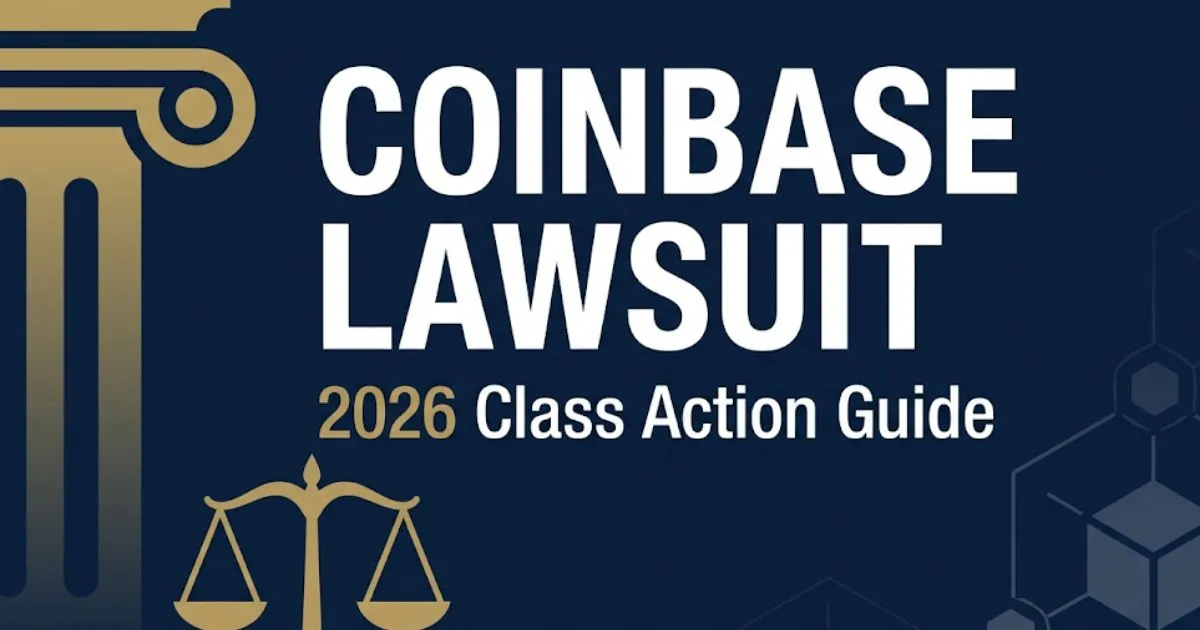 Coinbase lawsuit 2026 class action guide banner with courthouse silhouette and scales of justice on navy background