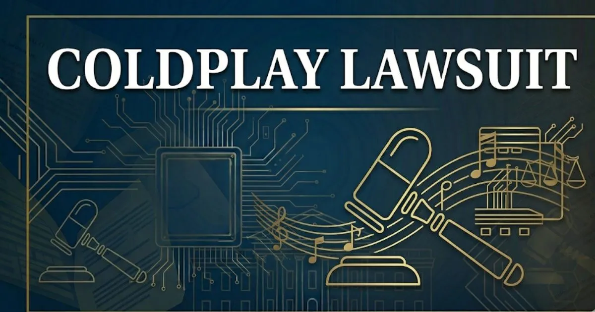 Coldplay lawsuit banner with legal symbols and musical notes in navy and gold design